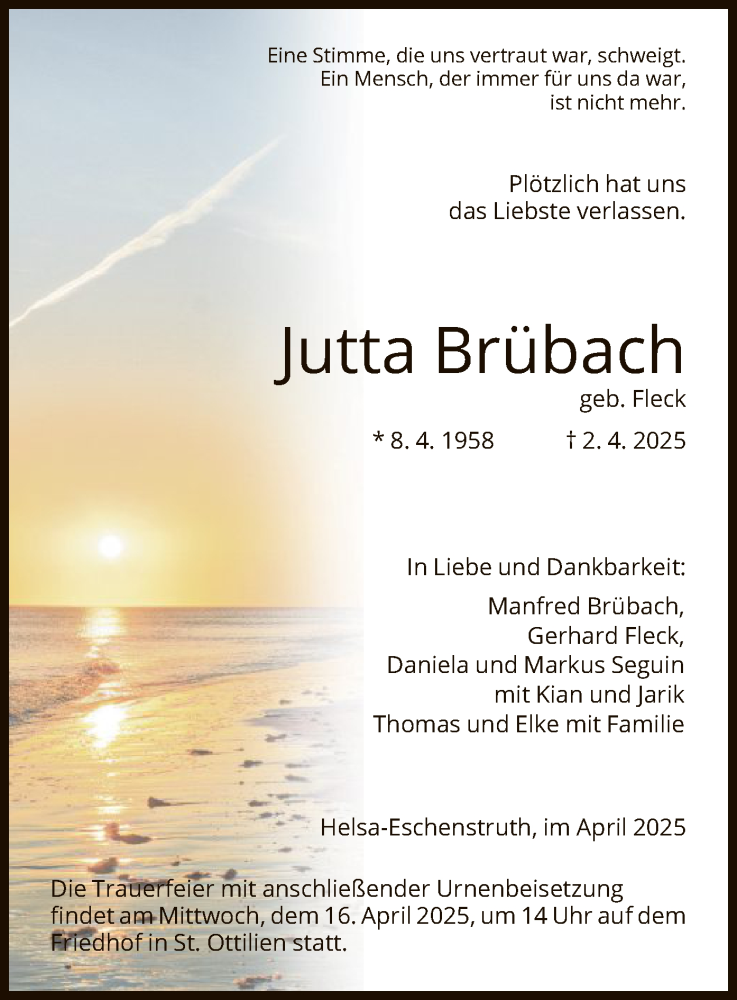  Traueranzeige für Jutta Brübach vom 12.04.2025 aus HNA