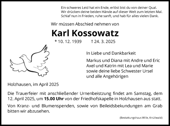Traueranzeige von Karl Kossowatz von HNA