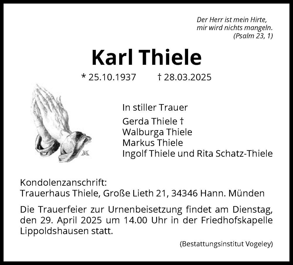  Traueranzeige für Karl Thiele vom 19.04.2025 aus HNA