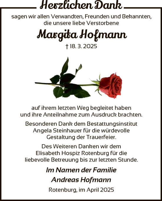 Traueranzeige von Margita Hofmann von HNA