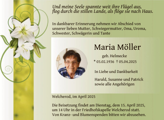 Traueranzeige von Maria Möller von HNAHNA