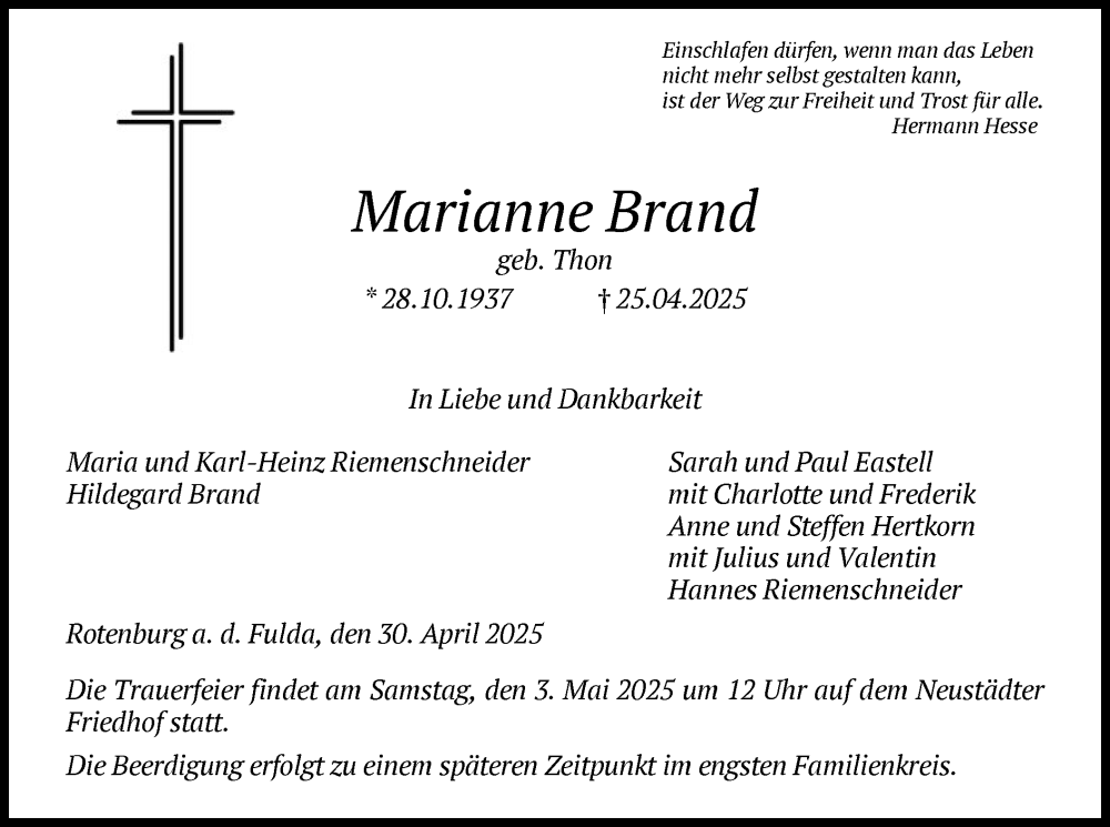  Traueranzeige für Marianne Brand vom 30.04.2025 aus HNA