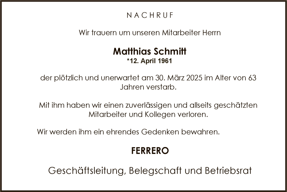  Traueranzeige für Matthias Schmitt vom 05.04.2025 aus HNA
