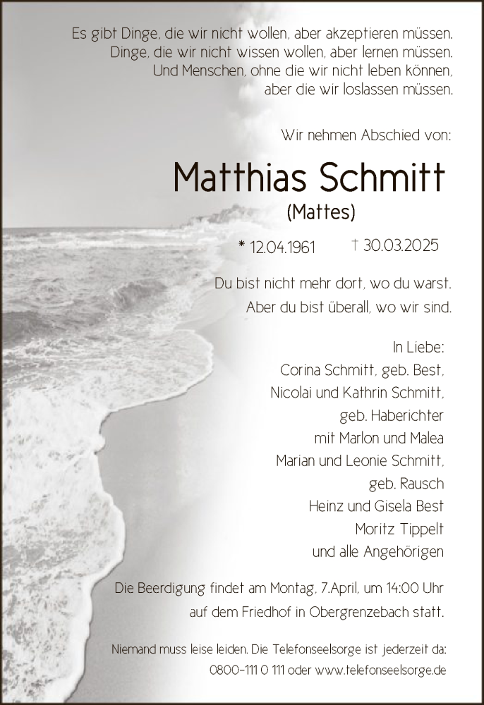  Traueranzeige für Matthias Schmitt vom 05.04.2025 aus HNA