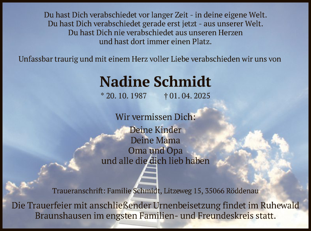  Traueranzeige für Nadine Schmidt vom 09.04.2025 aus HNA