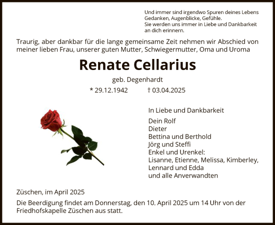 Traueranzeige von Renate Cellarius von HNA