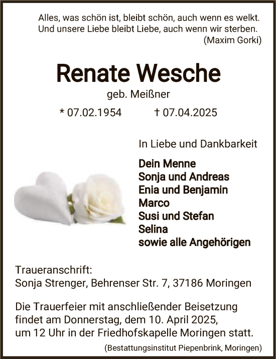 Traueranzeige von Renate Wesche von HNA