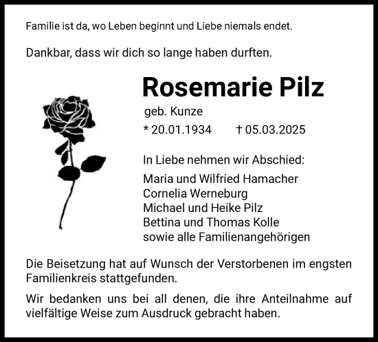 Traueranzeige von Rosemarie Pilz von HNA