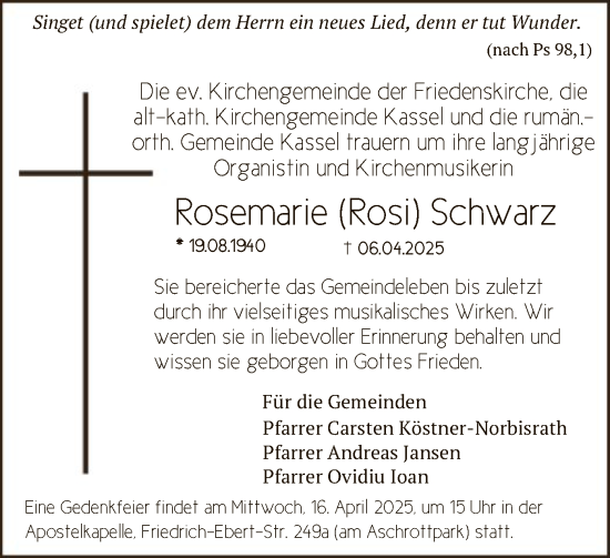 Traueranzeige von Rosemarie Schwarz von HNA