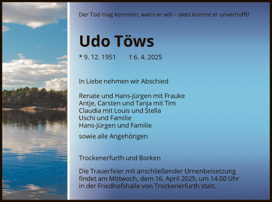 Traueranzeige von Udo Töws von HNA