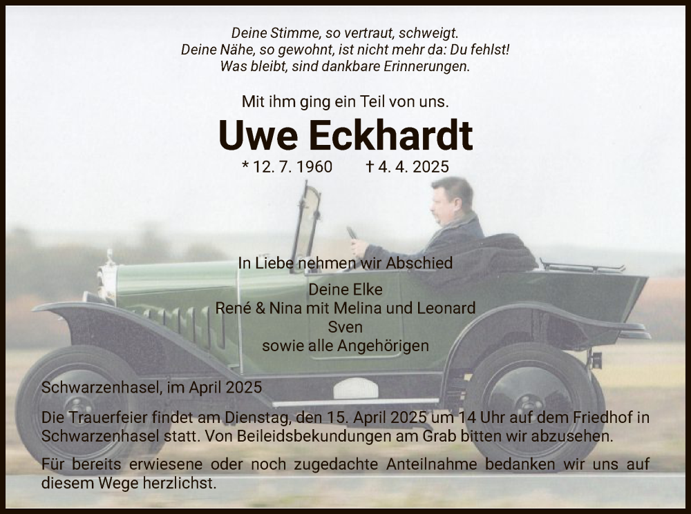  Traueranzeige für Uwe Eckhardt vom 12.04.2025 aus HNAHNA