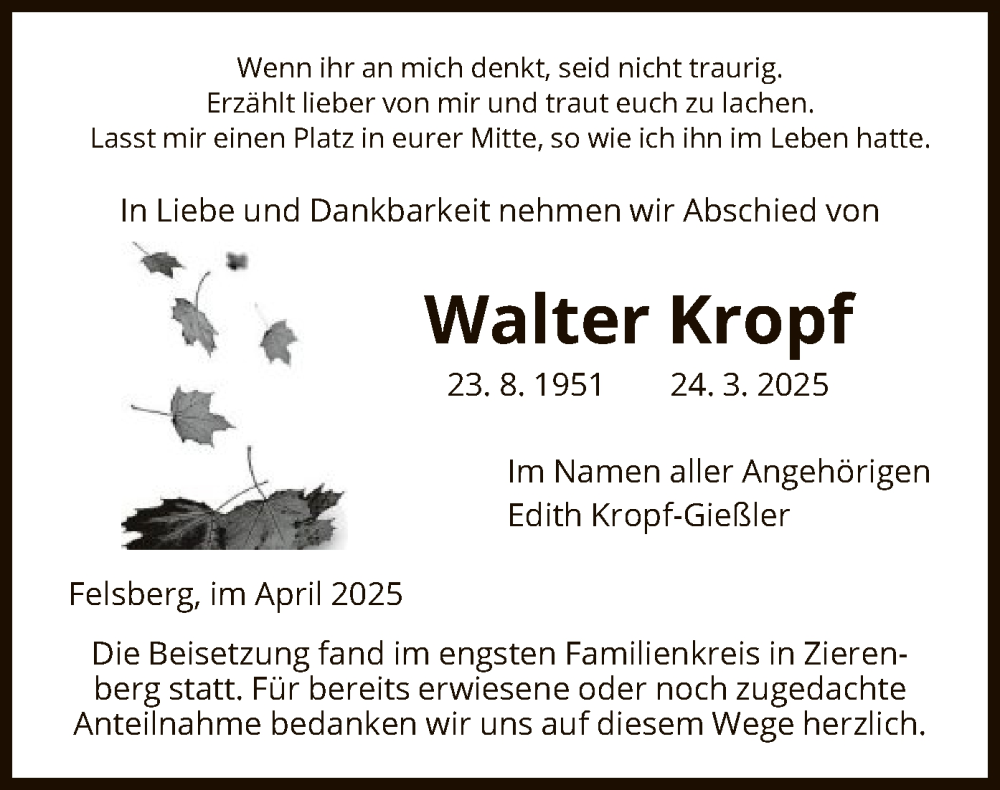  Traueranzeige für Walter Kropf vom 05.04.2025 aus HNA
