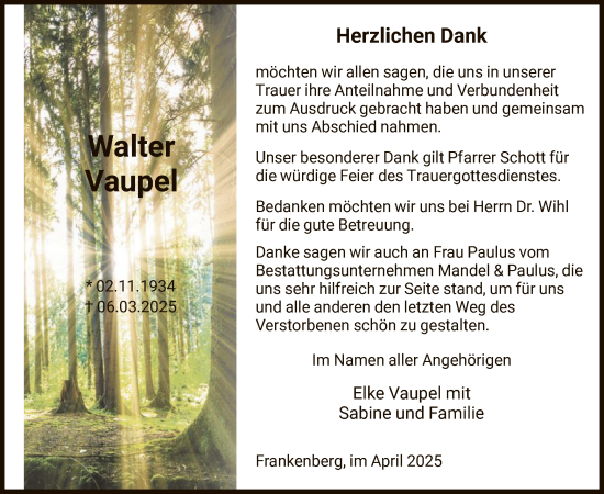 Traueranzeige von Walter Vaupel von HNA