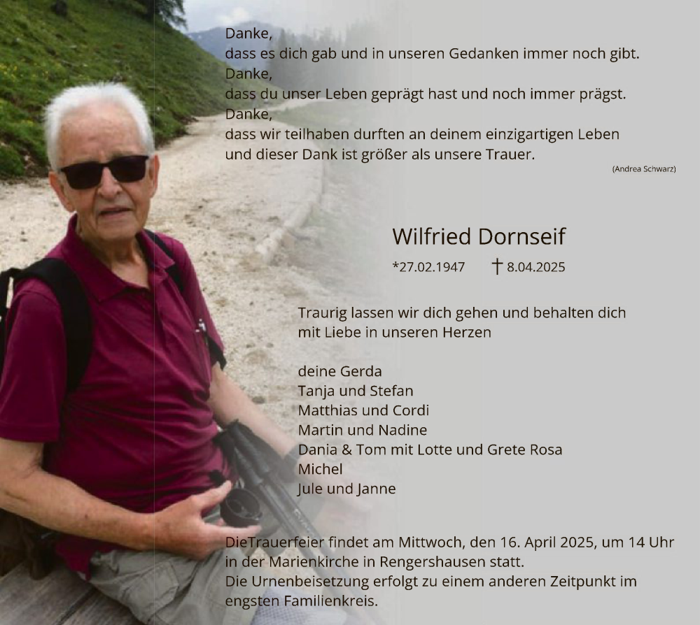  Traueranzeige für Wilfried Dornseif vom 12.04.2025 aus HNAWLZ