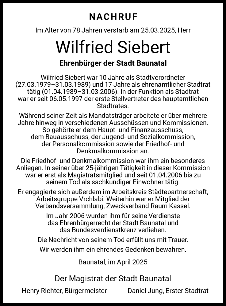  Traueranzeige für Wilfried Siebert vom 05.04.2025 aus HNA