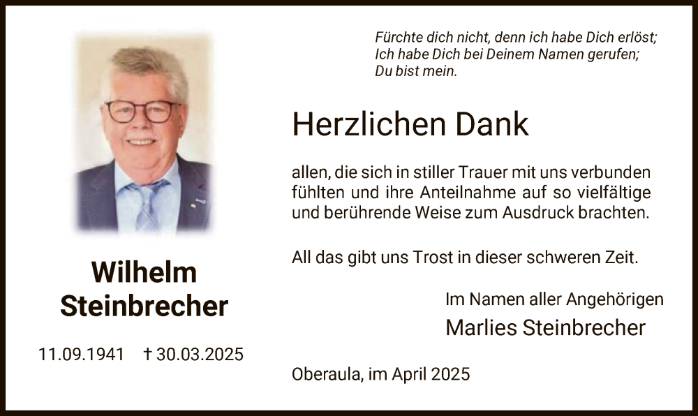  Traueranzeige für Wilhelm Steinbrecher vom 26.04.2025 aus HNA