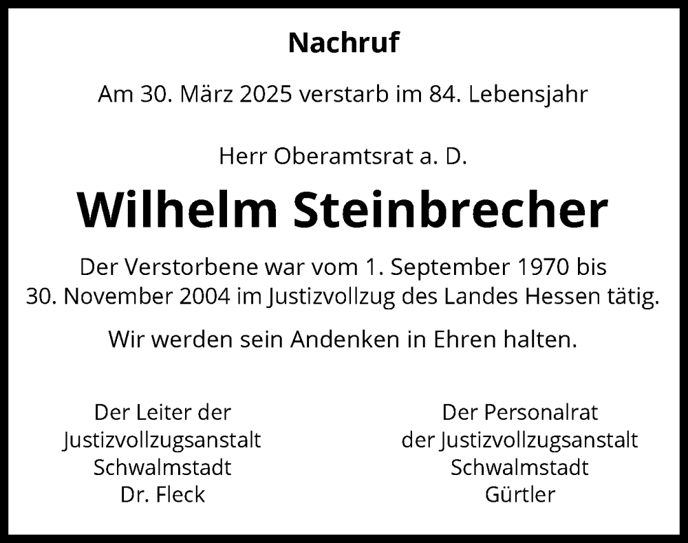 Traueranzeige für Wilhelm Steinbrecher vom 12.04.2025 aus HNA