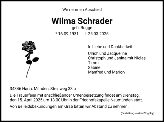 Traueranzeige von Wilma Schrader von HNA