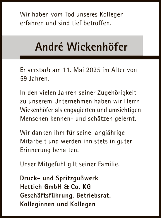 Traueranzeige von Andre Wickenhöfer von HNA