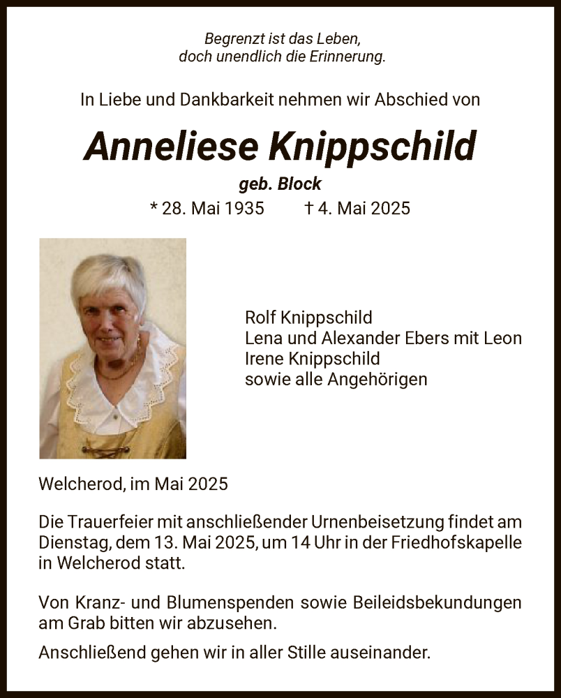  Traueranzeige für Anneliese Knippschild vom 10.05.2025 aus HNAHNA