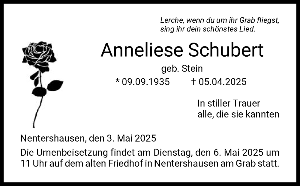  Traueranzeige für Anneliese Schubert vom 03.05.2025 aus HNA