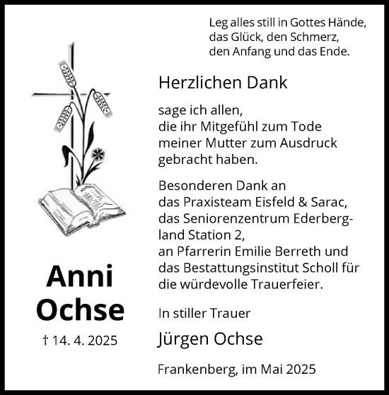 Traueranzeige von Anni Ochse von HNA
