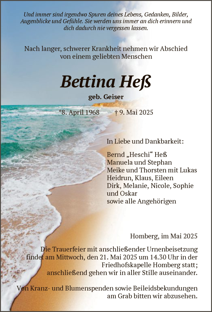  Traueranzeige für Bettina Heß vom 17.05.2025 aus HNA