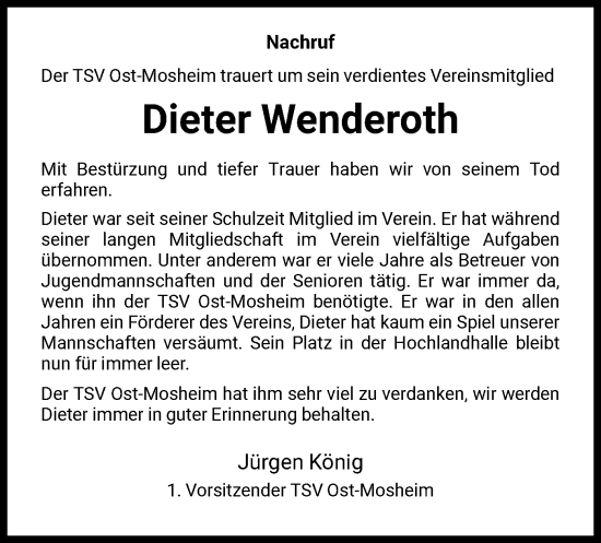 Traueranzeige von Dieter Wenderoth von HNAHNA