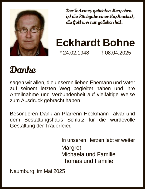 Traueranzeige von Eckhardt Bohne von HNA