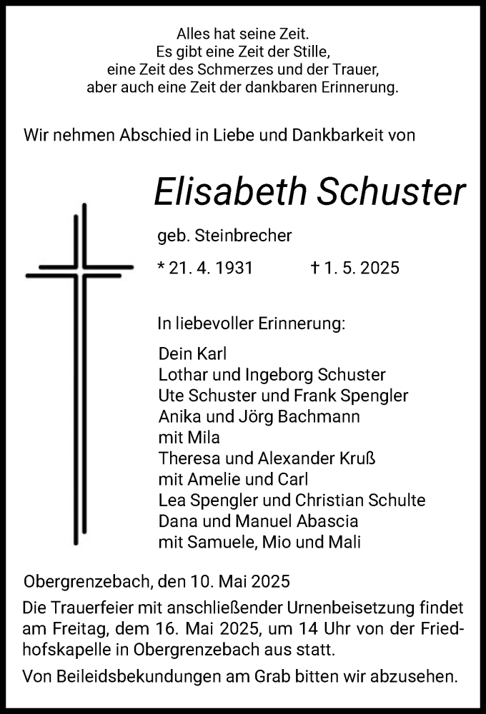  Traueranzeige für Elisabeth Schuster vom 10.05.2025 aus HNA