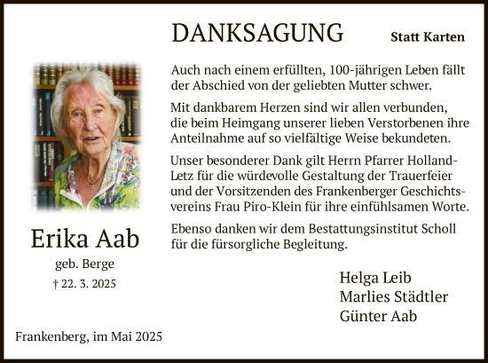 Traueranzeige von Erika Aab von HNA