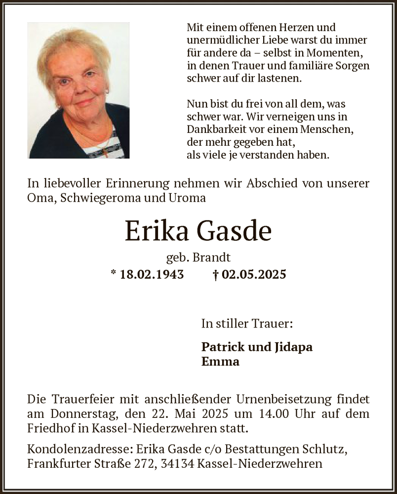  Traueranzeige für Erika Gasde vom 17.05.2025 aus HNA