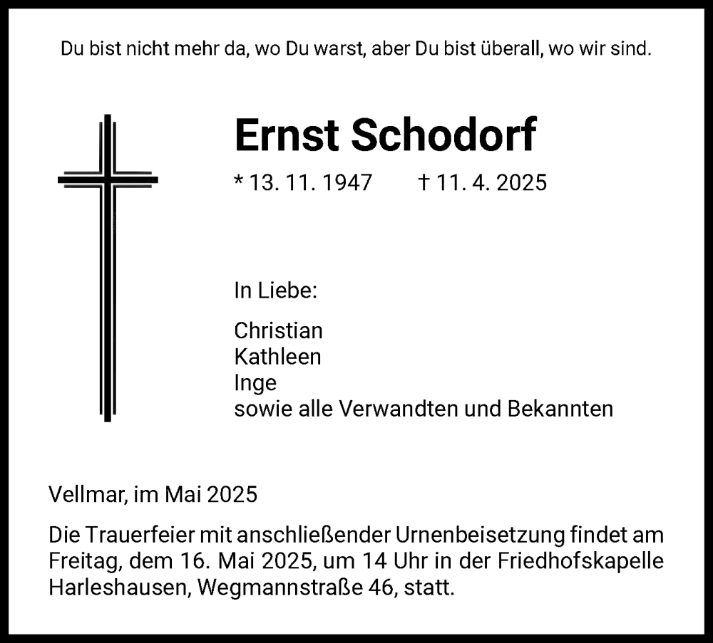 Traueranzeige für Ernst Schodorf vom 10.05.2025 aus HNA
