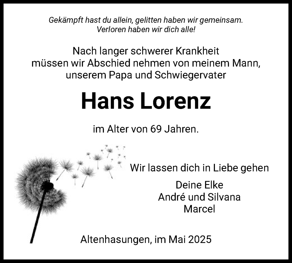  Traueranzeige für Hans Lorenz vom 17.05.2025 aus HNA