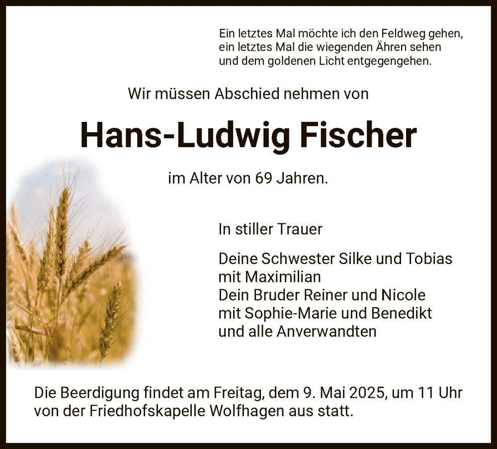  Traueranzeige für Hans-Ludwig Fischer vom 07.05.2025 aus HNA