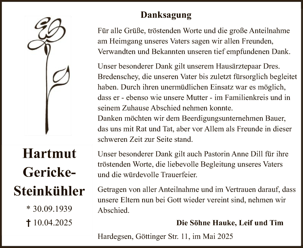  Traueranzeige für Hartmut Steinkühler vom 17.05.2025 aus HNA