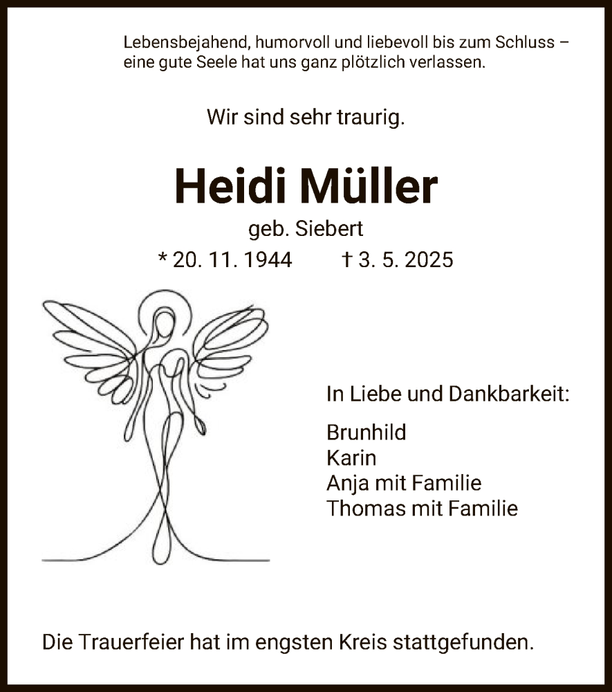  Traueranzeige für Heidi Müller vom 17.05.2025 aus HNA