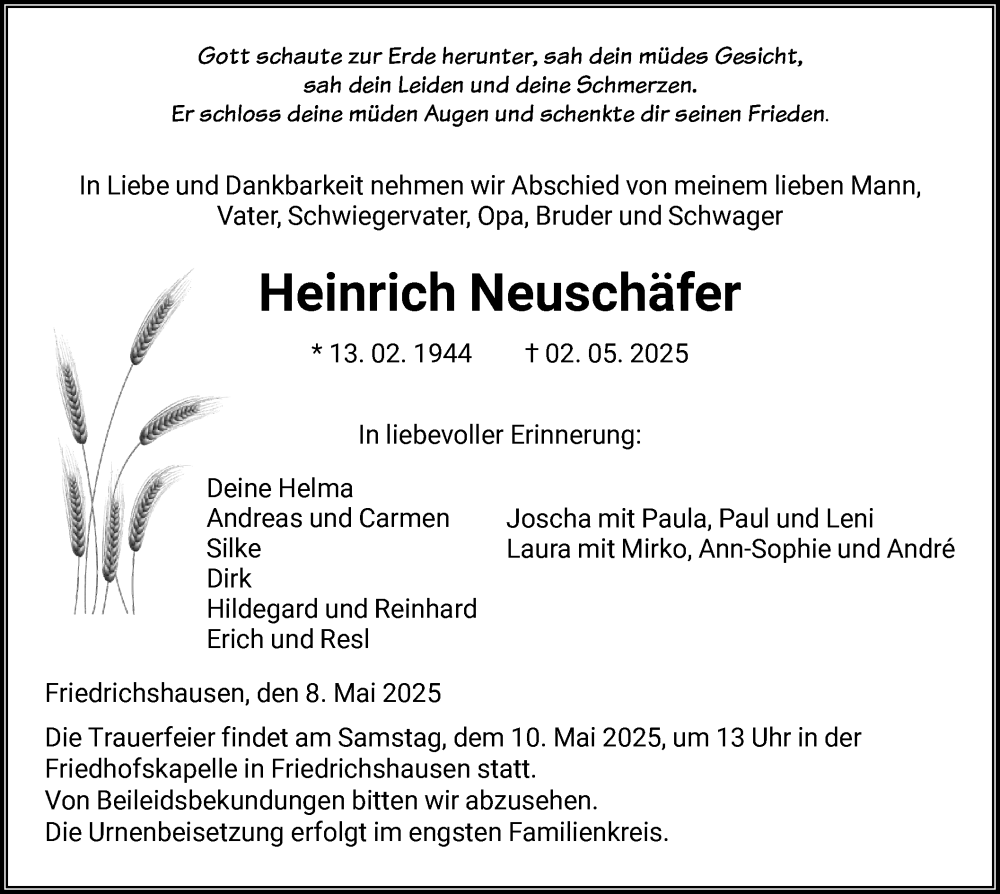  Traueranzeige für Heinrich Neuschäfer vom 08.05.2025 aus HNA