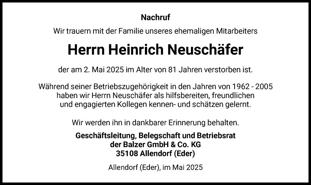  Traueranzeige für Heinrich Neuschäfer vom 13.05.2025 aus HNA