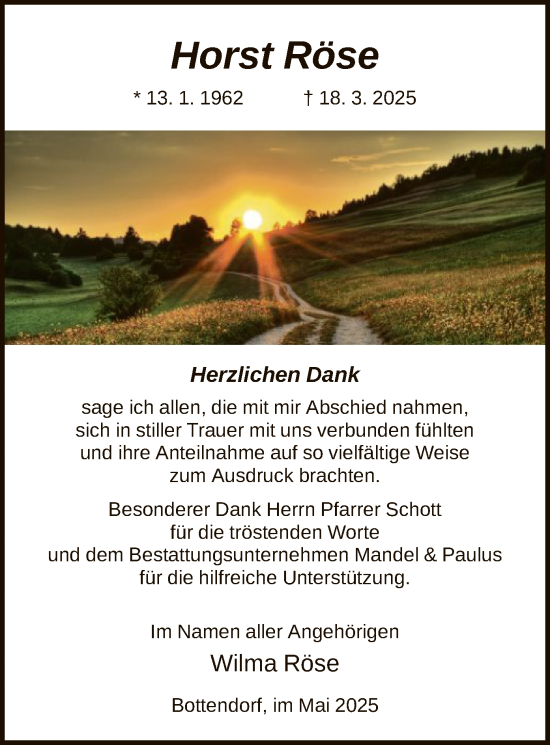 Traueranzeige von Horst Röse von HNA