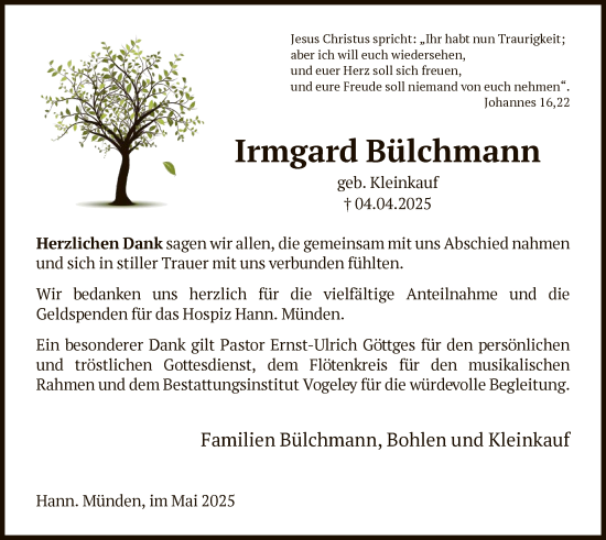 Traueranzeige von Irmgard Bülchmann von HNA