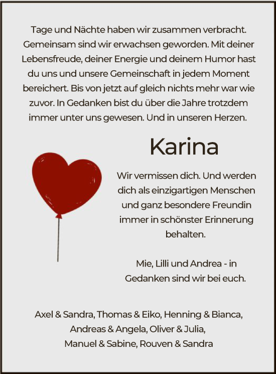 Traueranzeige von Karina  von HNA