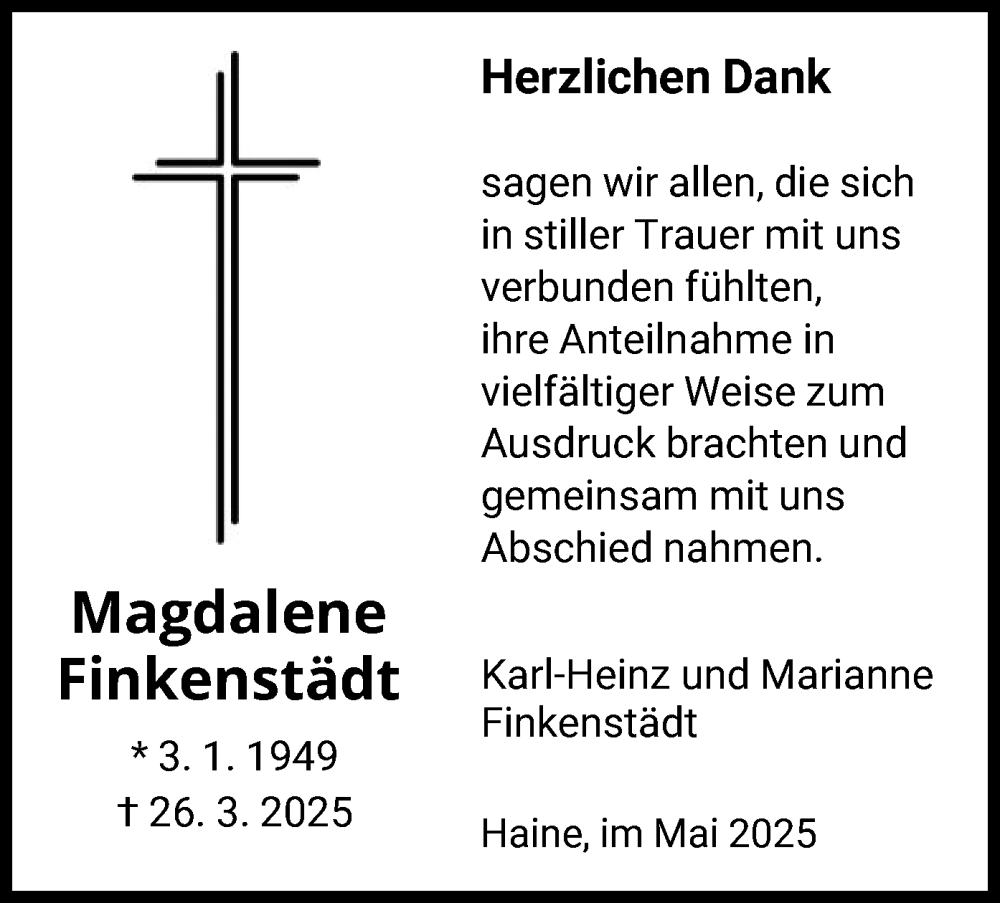  Traueranzeige für Magdalene Finkenstädt vom 10.05.2025 aus HNA