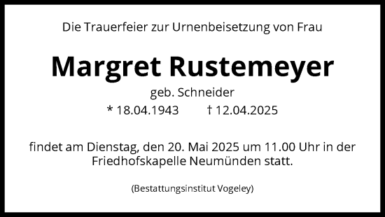 Traueranzeige von Margret Rustemeyer von HNA