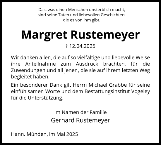Traueranzeige von Margret Rustemeyer von HNA