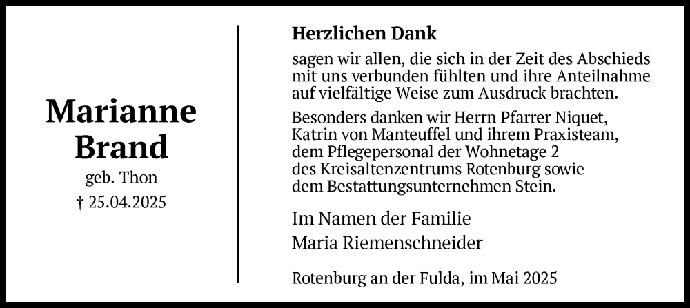  Traueranzeige für Marianne Brand vom 16.05.2025 aus HNA