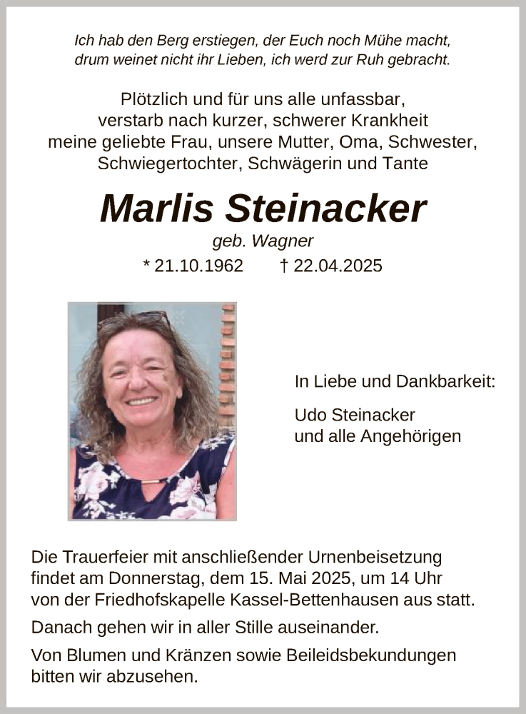  Traueranzeige für Marlis Steinacker vom 12.05.2025 aus HNA