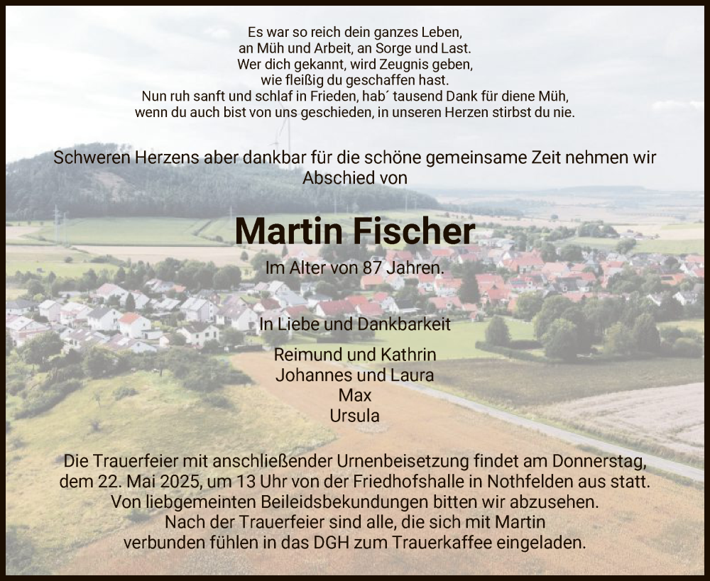  Traueranzeige für Martin Fischer vom 17.05.2025 aus HNA