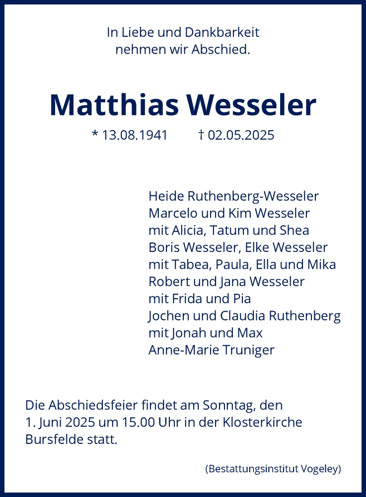  Traueranzeige für Matthias Wesseler vom 17.05.2025 aus HNA