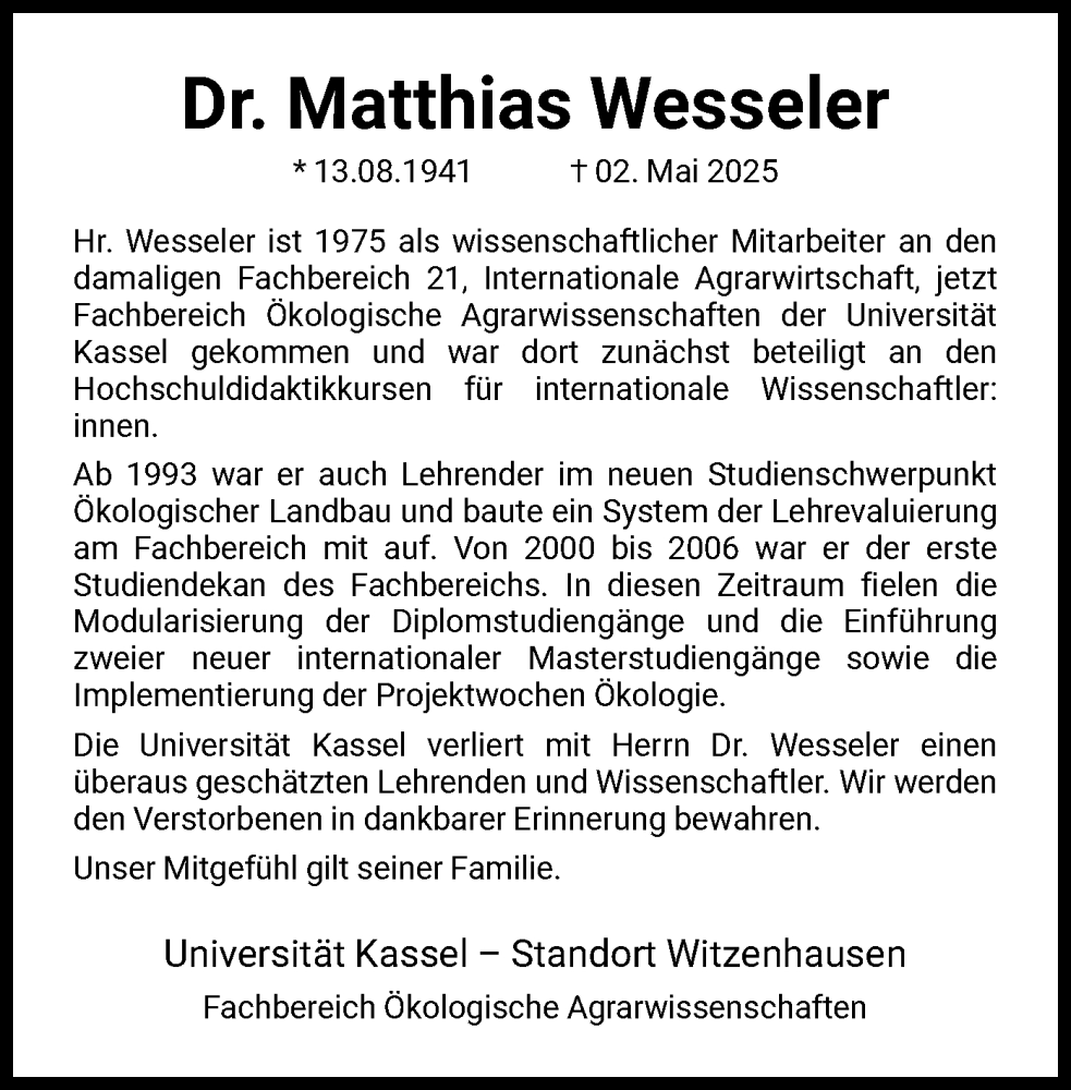  Traueranzeige für Matthias Wesseler vom 24.05.2025 aus HNAHNAHNA